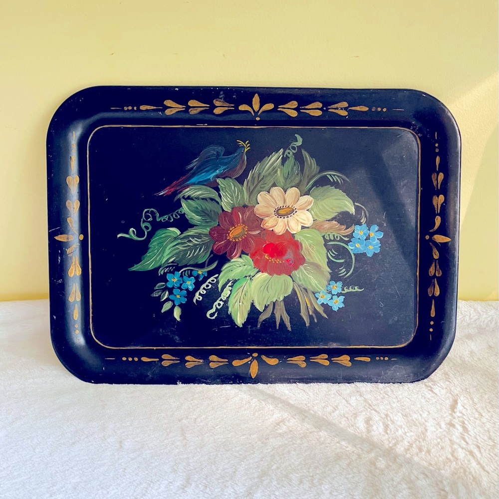 Vintage 1950 / 1960's Hand Painted Floral Tole Tray, Serving Tray, Decor, Server